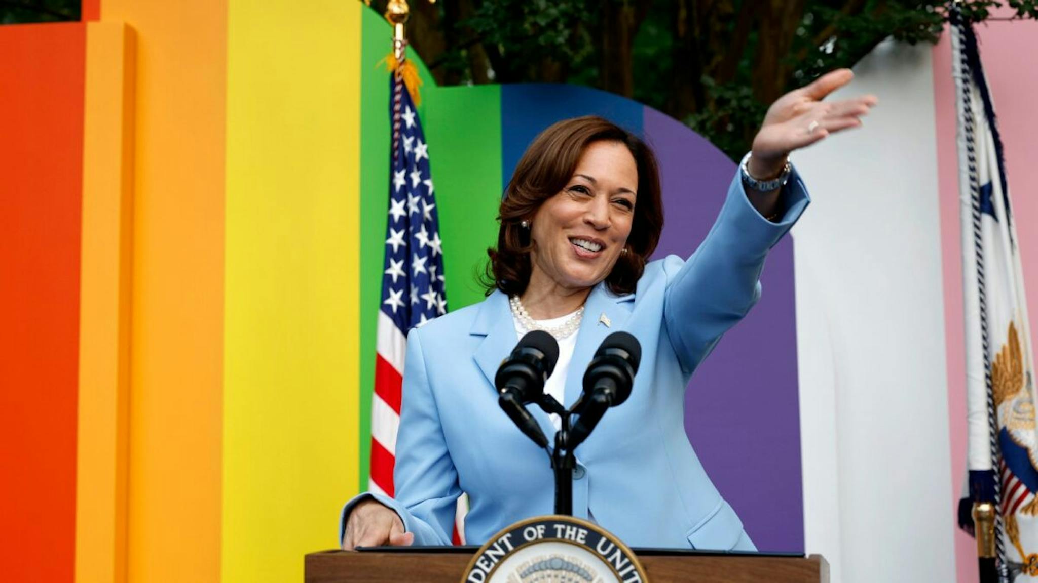 Kamala Harris LGBT Vice President Kamala Harris speaks onstage during a Pride Celebration hosted by the Vice President Of The United States and Mr. Emhoff in collaboration with GLAAD on June 28, 2023 in Washington, DC.