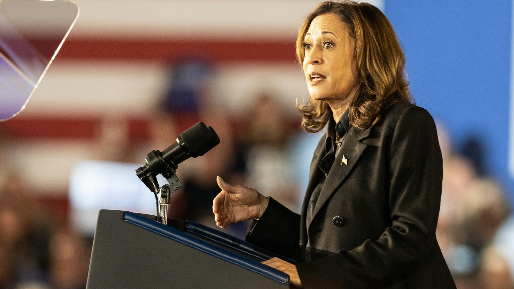 Vice President Kamala Harris speaks onstage as she campaigns WILKES-BARRE, PENNSYLVANIA, UNITED STATES - 2024/09/13: Vice President Kamala Harris speaks onstage as she campaigns for President at Wilkes University McHale Athletic Center.