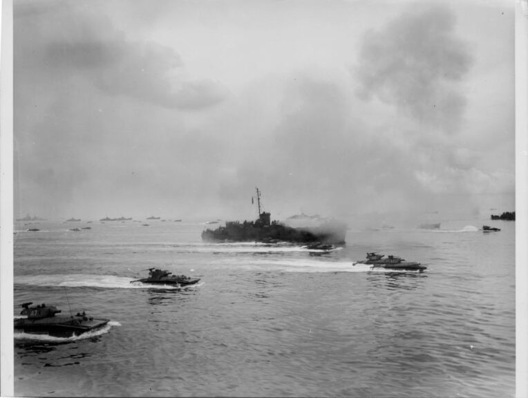 US ships and landing craft heading towards Peleliu Island during the Pacific Campaign of World War Two, Palau, September 5th 1944. (Photo by US Navy/Getty Images)