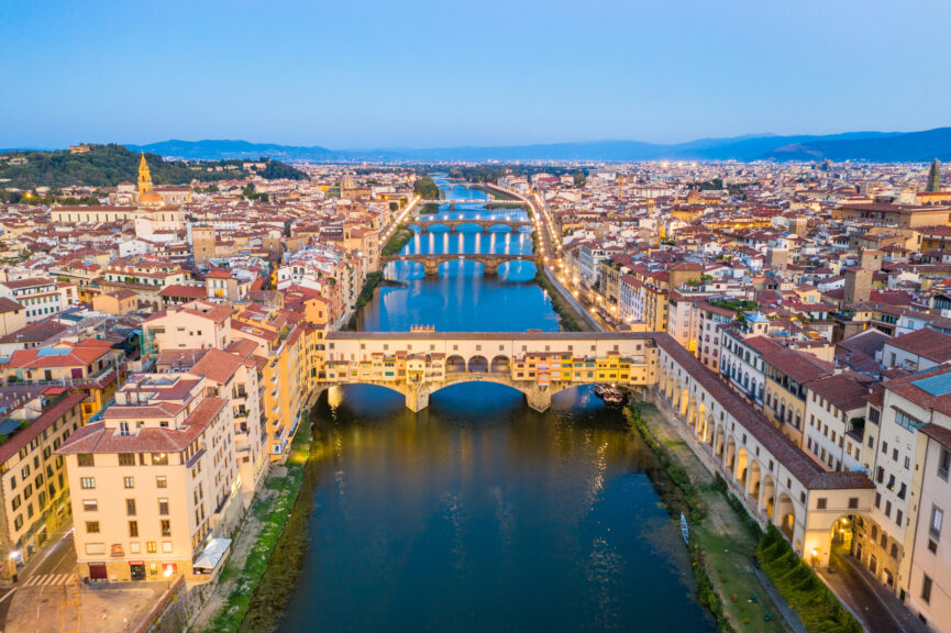 Ponte Vecchio bridge. The historic centre of Florence is protected by UNESCO as a World Heritage Site. The dome of Basilica di Santa Maria del Fiore otherwise known as the Duomo can be seen. Ian.CuiYi. Getty Images.