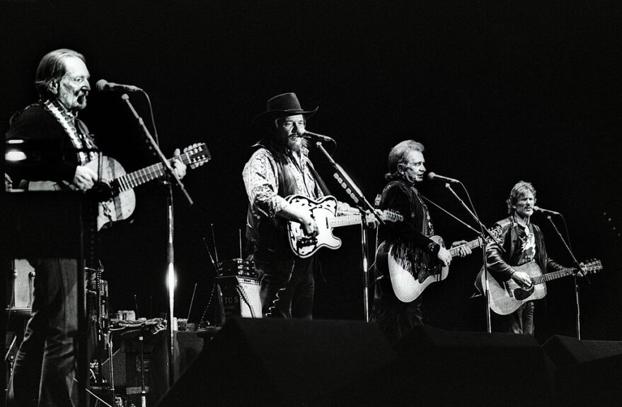 The Highwaymen perform on stage, L-R Willie Nelson, Waylon Jennings, Johnny Cash and Kris Kristofferson, Ahoy, Rotterdam, 20th April 1992. (Photo by Rob Verhorst/Redferns)