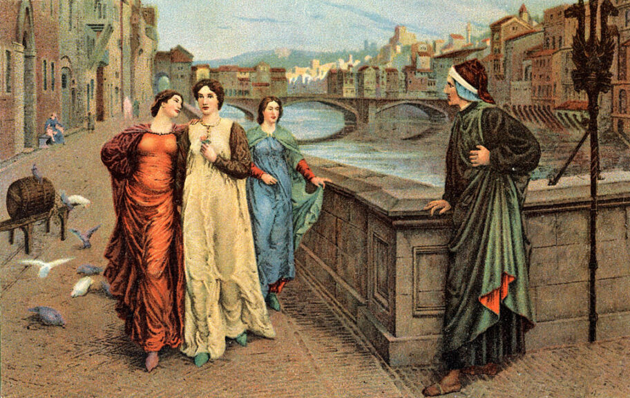 Dante Alighieri and Beatrice in Florence. 20th century illustration. Italian poet, 1265-1321. (Photo by Culture Club/Getty Images)