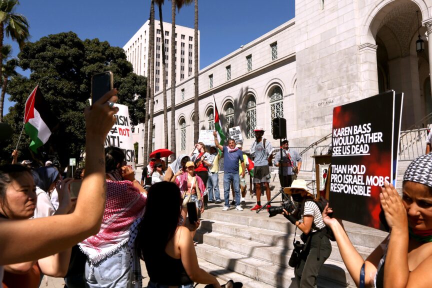 The Palestinian Youth Movement, Stop LAPD Spying, Party for Socialism and Liberation, Southern California Students for Justice in Palestine and others attend a press conference on the steps of City Hall denouncing the attacks against pro-Palestinian protesters last Sunday in Pico-Robertson in downtown Los Angeles on June 25, 2024. (Genaro Molina/Los Angeles Times via Getty Images)