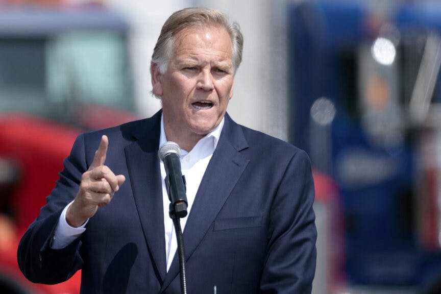US Senate candidate Mike Rogers (R-MI) speaks before Republican Vice Presidential Nominee, Senator JD Vance to delivers remarks at Cordes, Inc. in Byron Center, Michigan, on August 14, 2024.