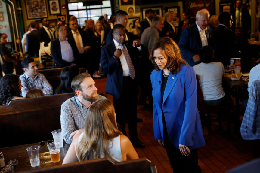 MOON TOWNSHIP, PENNSYLVANIA - AUGUST 18: Democratic presidential candidate, U.S. Vice President Kamala Harris greets patrons in Primanti Bros. Restaurant on August 18, 2024 in Moon Township, Pennsylvania. Harris, along with Democratic vice presidential candidate, Minnesota Gov. Tim Walz, his wife Gwen Walz and Second Gentleman Douglas Emhoff are participating in a campaign bus tour through out cities around western Pennsylvania. (Photo by Anna Moneymaker/Getty Images)