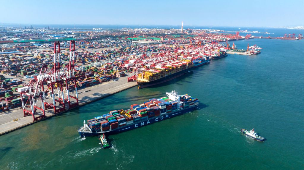 A container ship leaves its berth with a full load of containers at the Qianwan Container terminal of Qingdao Port in Qingdao, China, on September 15, 2024. (Photo by Costfoto/NurPhoto via Getty Images)