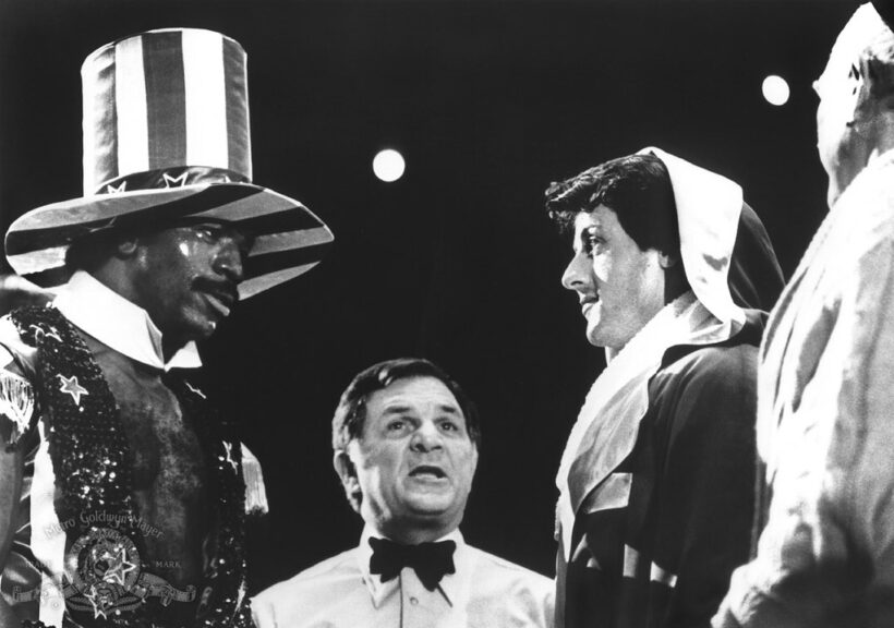 Sylvester Stallone, Carl Weathers, Lou Fillipo and Burgess Meredith in "Rocky" 1976. Metro-Goldwyn-Mayer Studios. 