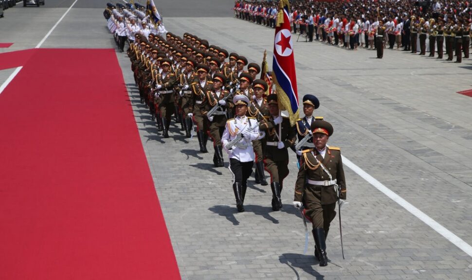 North Korean military officers march during a welcoming ceremony, June 19, 2024, in Pyongyang, North Korea. Russian President Vladimir Putin is arriving to North Korea with a two-days visit. (Photo by Contributor/Getty Images)