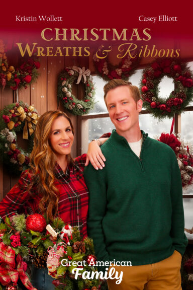 Kristin Wollett and Casey Elliott in "Christmas Wreaths and Ribbons"(2024). Great American Family. IMDB.