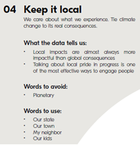 A slide detailing how to talk about climate change.