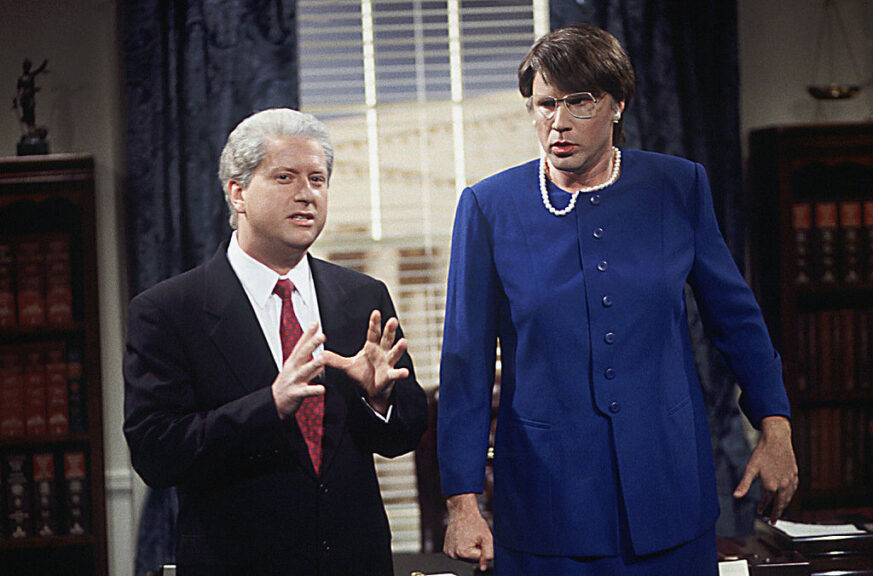 SATURDAY NIGHT LIVE -- Pictured: (l-r) Darrell Hammond as Bill Clinton, Will Ferrell as Janet Reno (Photo by NBCU Photo Bank/NBCUniversal via Getty Images via Getty Images)