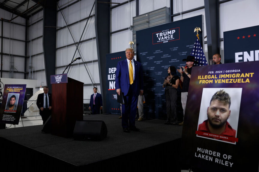 AUSTIN, TEXAS - OCTOBER 25: Republican presidential nominee, former U.S. President Donald Trump, walks on stage inside an airplane hanger at the Austin-Bergstrom International Airport on October 25, 2024 in Austin, Texas. Trump will travel to Traverse City, Michigan, to hold a rally as he continues to visit battleground states ahead of the November 5 election. (Photo by Anna Moneymaker/Getty Images)