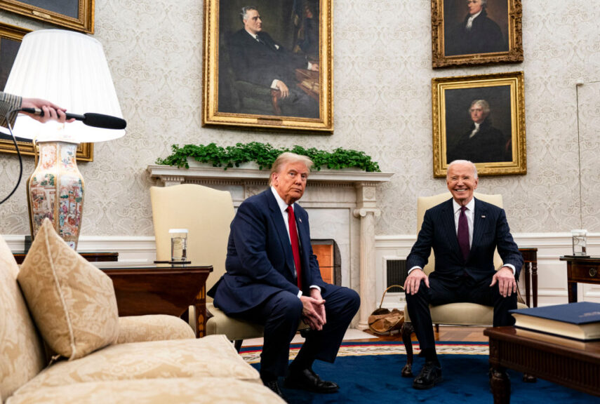 US President Joe Biden, right, and President-elect Donald Trump during a meeting in the Oval Office of the White House in Washington, DC, US, on Wednesday, Nov. 13, 2024. Biden will argue in favor of continued US aid to Ukraine during the transition to President-elect Donald Trump's administration, according to national security advisor Jake Sullivan. Photographer: Al Drago/Bloomberg via Getty Images