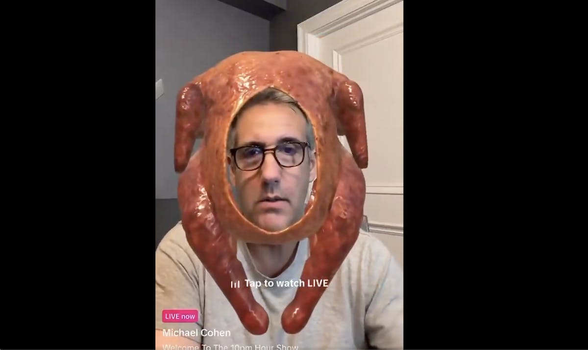 NextImg:Former Trump Attorney Michael Cohen Trolled With ‘Turkey Face’ Filter During Livestream