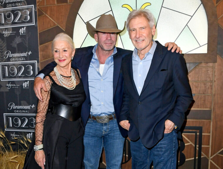 LAS VEGAS, NEVADA - DECEMBER 03: (L-R) Helen Mirren, Taylor Sheridan, and Harrison Ford attend Paramount+'s 