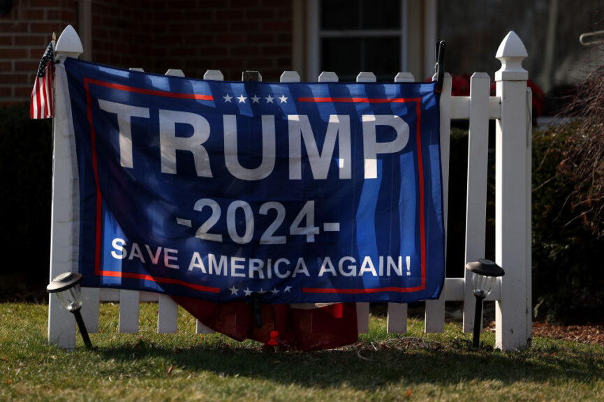 DEARBORN, MICHIGAN - FEBRUARY 27: A sign for Republican presidential candidate former President Donald Trump is displayed in a yard on primary election day on February 27, 2024 in Dearborn, Michigan. The Michigan Democratic and Republican parties held their primary elections today. Republican presidential candidate, former U.N. ambassador Nikki Haley has vowed to stay in the race at least through Super Tuesday on March 5.