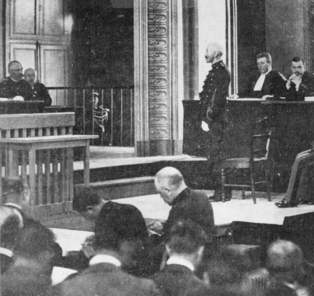 Alfred Dreyfus, an artillery captain in the French Army accused of anonymously sending secret documents to the German embassy in Paris, is tried for treason before a court-martial at Rennes. (Photo by Henry Guttmann Collection/Hulton Archive/Getty Images)