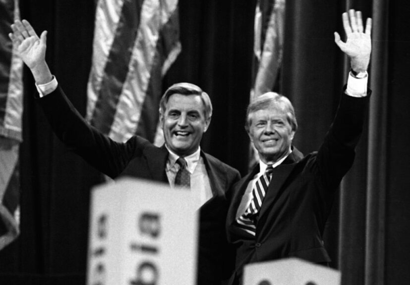 NEW YORK CITY - AUGUST 14: Walter Mondale and Jimmy Carter attend Democratic National Convention on August 14, 1980 at Madison Square Garden in New York City. (Photo by Ron Galella, Ltd./Ron Galella Collection via Getty Images)