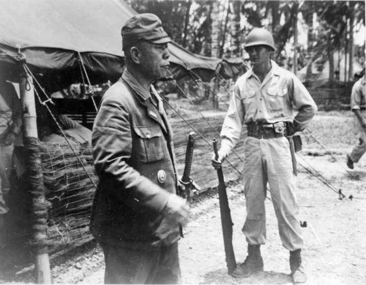 Jeff Fuglestad Collection. Collection photo # 2017.29.01 - General Yamashita shortly after capture in Philippines. Collection of 30 photographs related to the naval service of LCDR Arne Fuglestad during WWII (1940-1946). LCDR Fuglestad was a member of Commodore Graf’s staff as a communications officer aboard USS Montour (APA-101), the flagship of Task Group 20. The subject matter of the images include General Yamashita’s capture in the Philippines, official Philippine surrender by General Tomoyuki Yamashita at Baguio, Luzon, on 3 September 1945, the Japanese surrender aboard USS Missouri, Iwo Jima landings, Allied representatives with MacArthur aboard USS Missouri, and General Wainwright’s meeting with General MacArthur. Also included are images of Commodore Graf and his officers of Task Group 20 as well as Task Group 20’s landings at Wakanoura, Japan, following the atomic bomb. Several images of the remains of the cities of Manila, Philippines and Nagoya, Japan show bombing destruction. Accession #: 2017. Catalog #: 2017.29. Copyright Owner: Naval History & Heritage Command