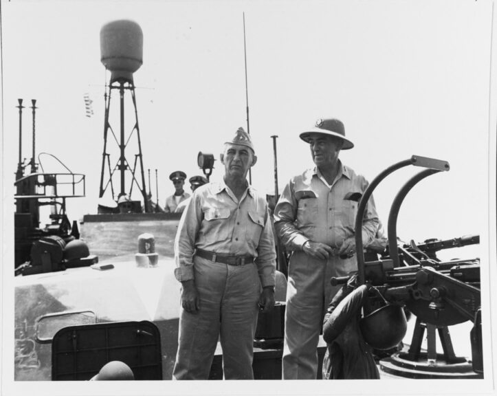 Vice Admiral Thomas C. Kinkaid, USN, Commander Seventh Fleet, and Lieutenant General Walter Krueger, USA Commander Sixth Army, on board PT-525, off Leyte Island, the Philippines, 23 October 1944. The boat was taking General MacArthur ashore at the time. Catalog #: 80-G-258490. National Archives. Original Date: Mon, Oct 23, 1944. Naval History and Heritage Command.