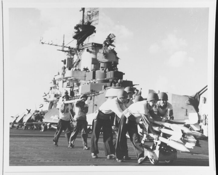 Carrier Raids on Formosa, October 1944. Crewmen on USS Hancock (CV-19) move 3.5-inch rockets (with 5-inch diameter warheads) to planes, while preparing for strikes on Formosa, 12 October 1944. Official U.S. Navy Photograph, now in the collections of the National Archives.Catalog #: 80-G-281338. Naval History and Heritage Command. 