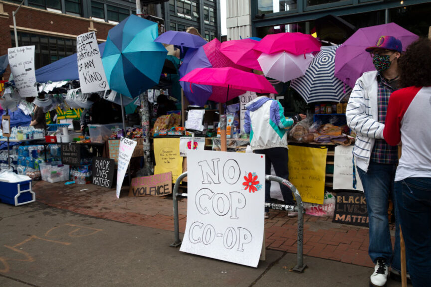 SEATTLE, WA - JUNE 12: Many stands offering free items have been set up including the No Cop Co-op in an area dubbed the Capitol Hill Autonomous Zone (CHAZ) on June 12, 2020 in Seattle, Washington. The area had been the site of recent clashes between the Seattle Police Department and Black Lives Matters demonstrators advocating against police brutality. After the Seattle Police Department East Precinct was boarded up and officers left last week demonstrators turned the area into a street scene with free food, music, onsite medics and no cars. Protests demanding police reforms sparked by the death of George Floyd, who died in police custody two weeks ago, have spread worldwide. (Photo by Karen Ducey/Getty Images)