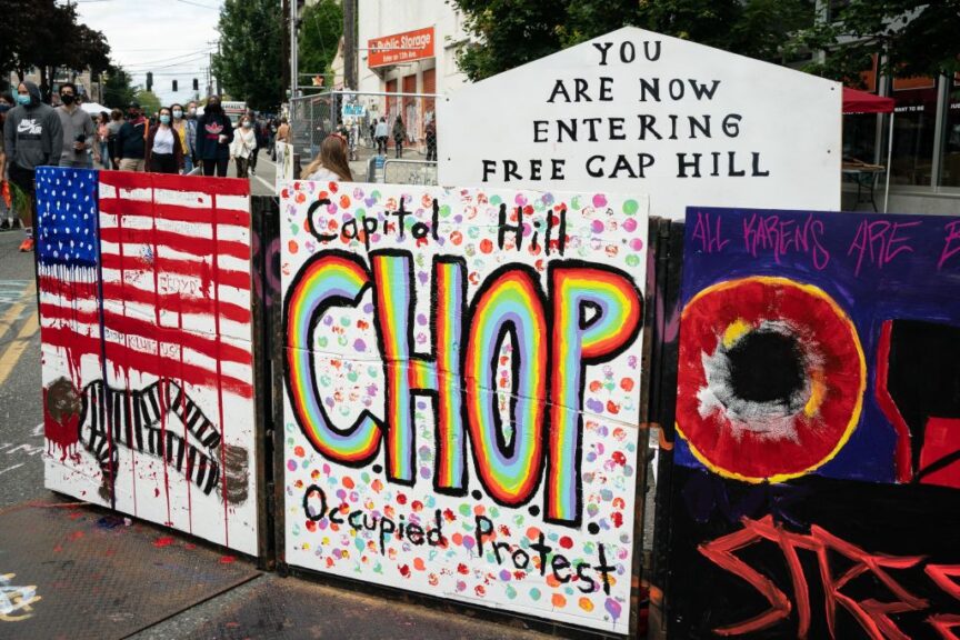 SEATTLE, WA - JUNE 14: A signs reads "Capitol Hill Occupied Protest" in area that has been referred to by protesters by that name as well as "Capitol Hill Organized Protest, or CHOP, on June 14, 2020 in Seattle, Washington. Black Lives Matter protesters have continued demonstrating in what was first referred to as the Capitol Hill Autonomous Zone, which encompasses several blocks around the Seattle Police Departments vacated East Precinct, but what protesters are now calling the "Capitol Hill Organized Protest." (Photo by David Ryder/Getty Images)