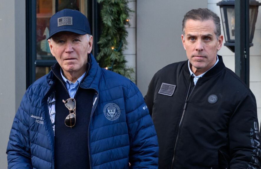 A November 29, 2024 photo shows US President Joe Biden and son Hunter Biden stepping out of a bookstore while shopping in Nantucket, Massachusetts on November 29, 2024. Biden on Sunday issued an official pardon for his son Hunter, who is facing sentencing for two criminal cases related to tax evasion and the purchase of a firearm.