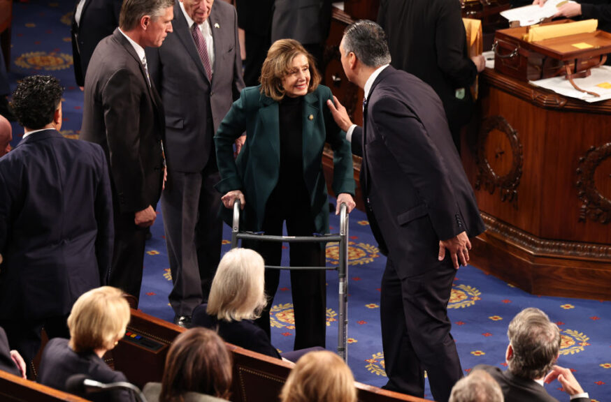 U.S. Rep. Nancy Pelosi (D-CA) uses a walker as she arrives for a joint session of Congress to ratify the 2024 Presidential election at the U.S. Capitol on January 06, 2025 in Washington, DC.