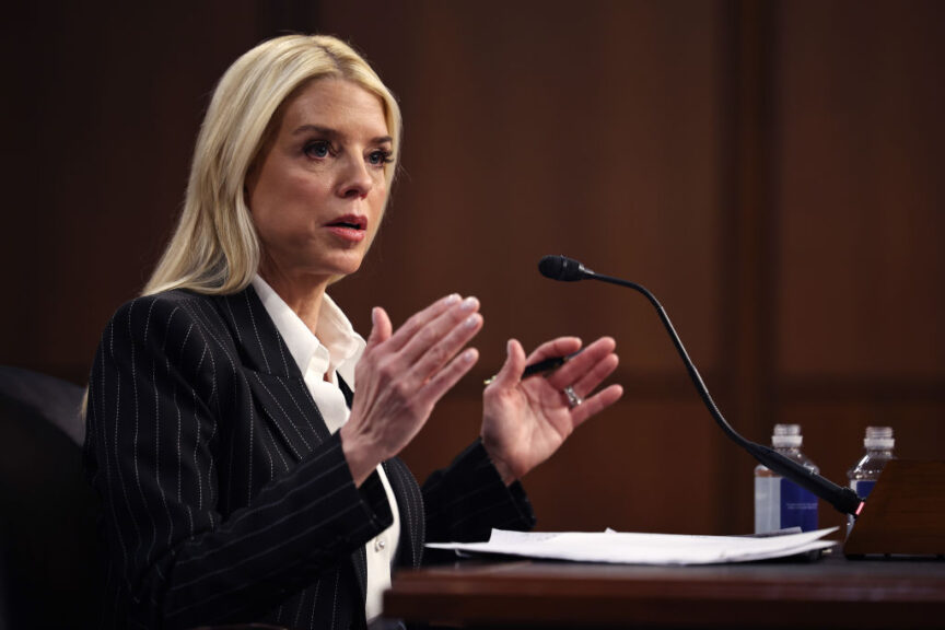 WASHINGTON, DC - JANUARY 15: Former Florida Attorney General Pam Bondi testifies before the Senate Judiciary Committee during her confirmation hearing to be the next U.S. attorney general in the Hart Senate Office Building on Capitol Hill on January 15, 2025 in Washington, DC. Bondi, who was nominated by President-elect Donald Trump, defended him during his first impeachment trial in 2020 and publicly supported false claims that the 2020 election was stolen from him. (Photo by Chip Somodevilla/Getty Images)