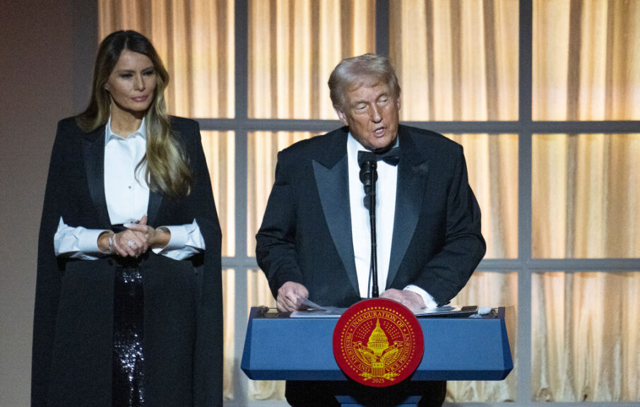 TOPSHOT - Melania Trump watches her husband, US President-elect Donald Trump, speak at a candlelight dinner at the National Building Museum in Washington, DC, on January 19, 2025, a day before his inauguration ceremony. (Photo by Jim WATSON / AFP) (Photo by JIM WATSON/AFP via Getty Images)