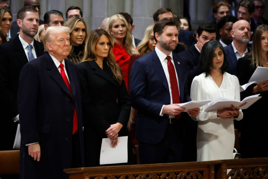 WASHINGTON, DC - JANUARY 21: (L-R) U.S. President Donald Trump, first lady Melania Trump, U.S. Vice President J.D. Vance and second lady Usha Vance attend the National Prayer Service at Washington National Cathedral on January 21, 2025 in Washington, DC. Tuesday marks Trump's first full day of his second term in the White House. (Photo by Chip Somodevilla/Getty Images)