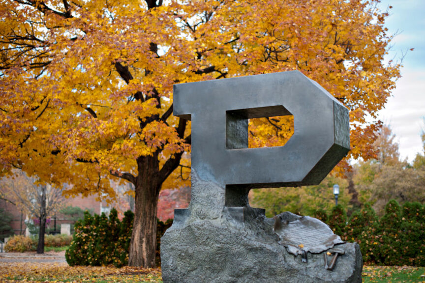 A large sculpture stands on the campus of Purdue University in West Lafayette, Indiana, U.S., on Monday, Oct. 22, 2012. Administrative costs on college campuses are soaring, crowding out instruction at a time of skyrocketing tuition and $1 trillion in outstanding student loans. At Purdue and other U.S. college campuses, bureaucratic growth is pitting professors against administrators and sparking complaints that tightbudgets could be spent more efficiently. Photographer: Daniel Acker/Bloomberg via Getty Images