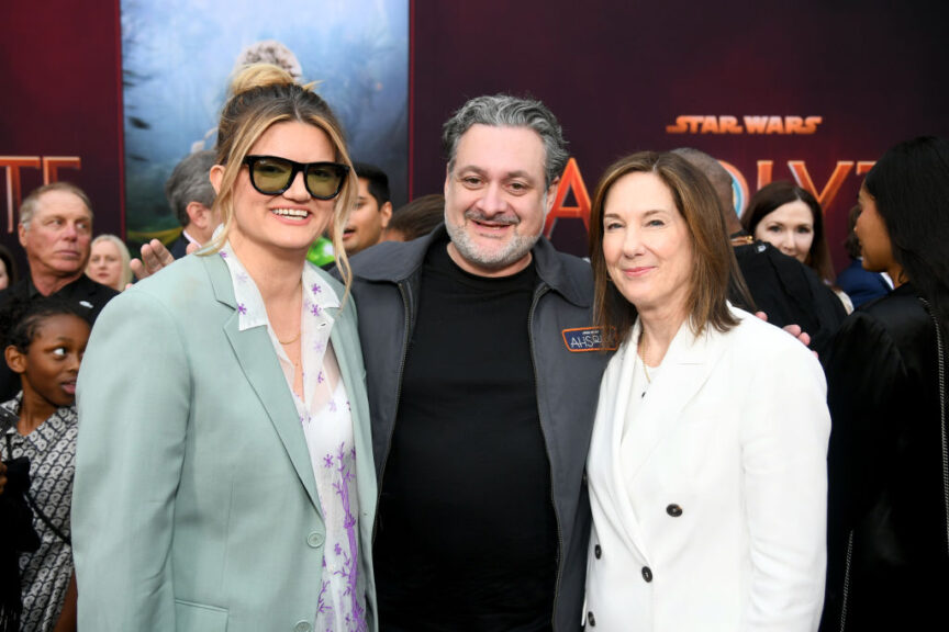 LOS ANGELES, CALIFORNIA - MAY 23: (L-R) Leslye Headland, Dave Filoni, Chief Creative Officer, Lucasfilm and Kathleen Kennedy, President, Lucasfilm attend the launch event for Lucasfilm's new Star Wars series The Acolyte at the El Capitan Theatre in Hollywood, California on May 23, 2024. (Photo by Alberto E. Rodriguez/Getty Images for Disney)