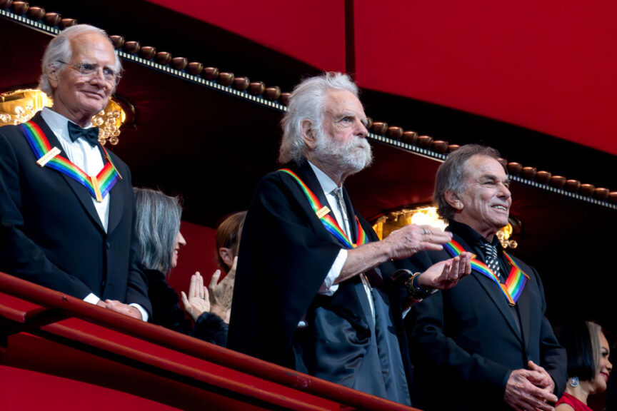 Members of the Grateful Dead Bill Kreutzmann, from left, Bobby Weir, and Mickey Hart attend the 47th Kennedy Center Honors ceremony in Washington, DC, on Sunday, Dec. 8, 2024. The John F. Kennedy Center for the Performing Arts 47th honorees for lifetime artistic achievements include Francis Ford Coppola, the Grateful Dead, Bonnie Raitt, Arturo Sandoval, and The Apollo, the first organization honored in the history of the Kennedy Center Awards. Photographer: Ron Sachs/CNP/Bloomberg via Getty Images