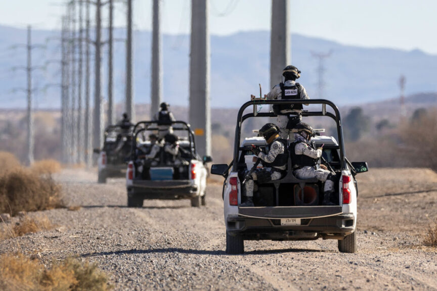 CIUDAD JUAREZ, MEXICO - FEBRUARY 06: Mexican National Guard patrol along the U.S.-Mexico border on February 06, 2025 near Ciudad Juarez, Mexico. Advance units of troops deployed to the border under orders of Mexican President Claudia Sheinbaum after U.S. President Donald Trump threatened tariffs on Mexican goods. (Photo by John Moore/Getty Images)