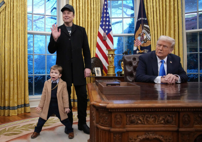 WASHINGTON, DC - FEBRUARY 11: Tesla and SpaceX CEO Elon Musk, joined by his son X Musk, delivers remarks alongside U.S. President Donald Trump during an executive order signing in the Oval Office at the White House on February 11, 2025 in Washington, DC. Trump is to sign an executive order implementing the Department of Government Efficiency’s (DOGE) "workforce optimization initiative," which, according to Trump, will encourage agencies to limit hiring and reduce the size of the federal government. (Photo by Andrew Harnik/Getty Images)