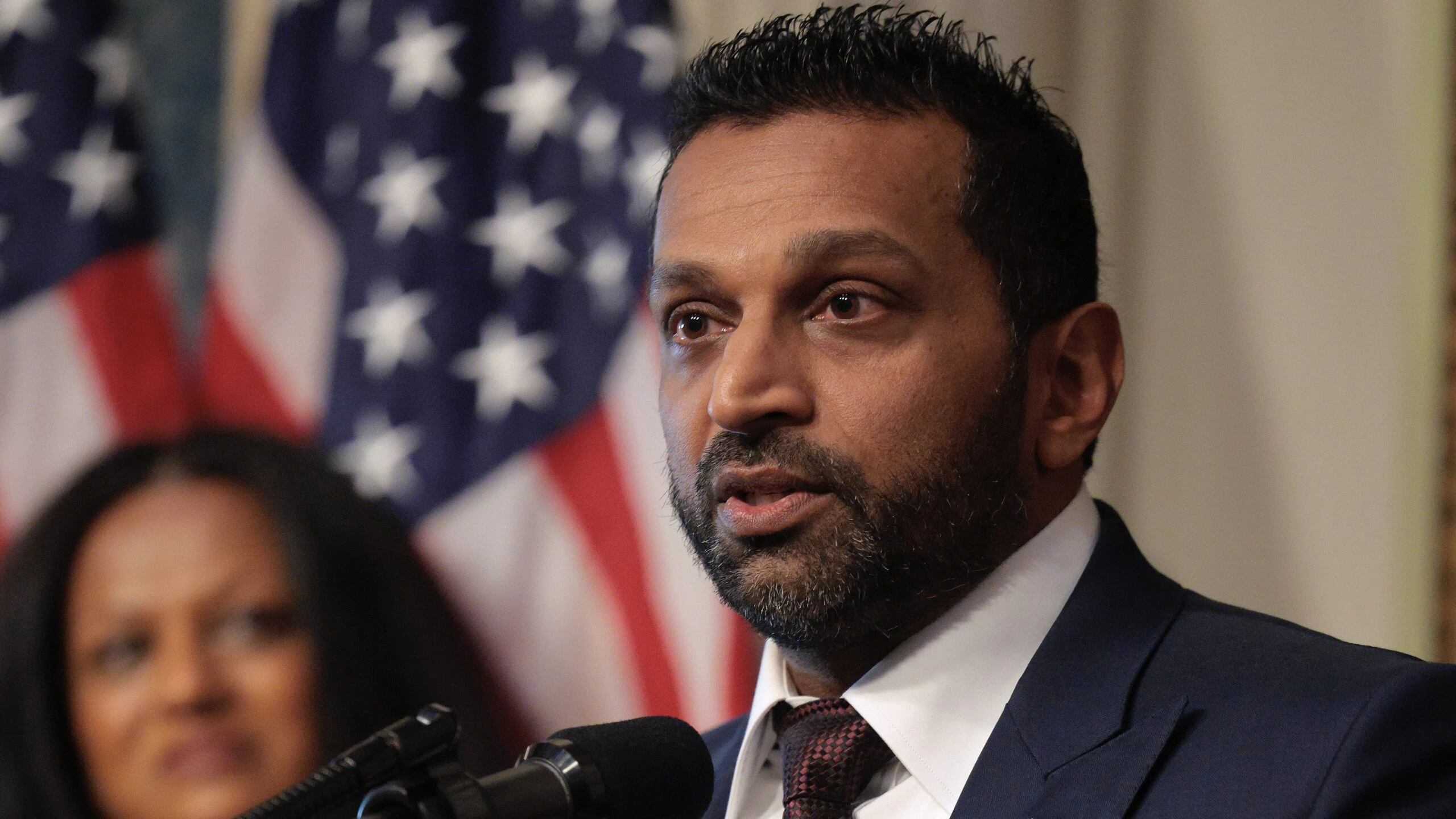 WASHINGTON, DC - FEBRUARY 21: New Federal Bureau of Investigation Director Kash Patel speaks after he was sworn in during a ceremony in the Indian Treaty Room in the Eisenhower Executive Office Building on February 21, 2025 in Washington, DC. Patel was confirmed by the Senate 51-49, with Sen. Susan Collins (R-ME) and Sen. Lisa Murkowski (R-AK) the only Republicans voting to oppose him. Patel has been a hard-line critic of the FBI, the nation’s most powerful law enforcement agency.