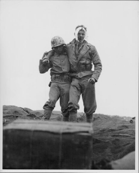 Injured US marines of the 4th Division at the Battle of Iwo Jima during World War Two, Japan, February 20th 1945. (Photo by US Marine Corps/Getty Images)