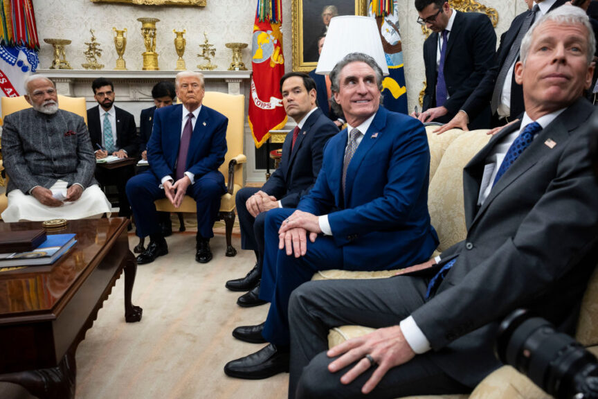 Narendra Modi, India's prime minister, from left, US President Donald Trump, Marco Rubio, US secretary of state, Doug Burgum, US secretary of the interior, and Chris Wright, US energy secretary, during a meeting in the Oval Office of the White House in Washington, DC, US, on Thursday, Feb. 13, 2025. The head of the worlds most populous nation faces a minefield in negotiations with Trump, who has signaled that India remains a potential tariff target despite a deepening partnership between the two countries. Photographer: Francis Chung/Politico/Bloomberg via Getty Images