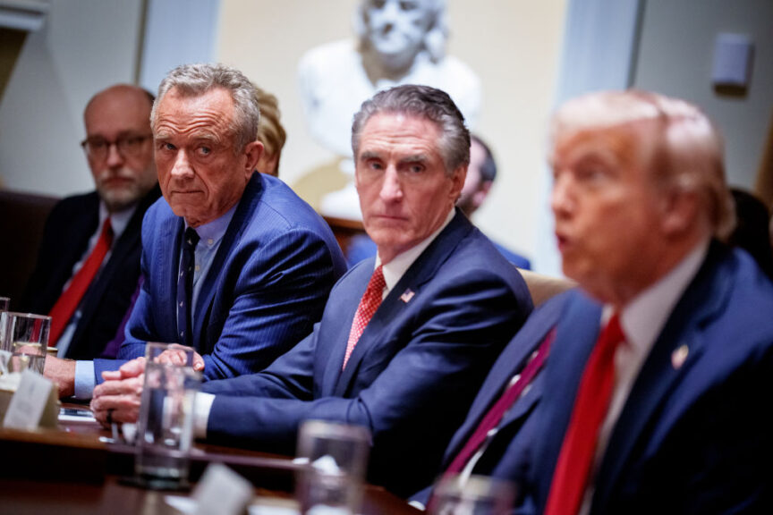 WASHINGTON, DC - FEBRUARY 26: (L-R) Office of Management and Budget Director Russell Vought, U.S. Health and Human Services Secretary Robert F. Kennedy Jr., and Interior Secretary Doug Burgum, listen as U.S. President Donald Trump speaks during a Cabinet meeting at the White House on February 26, 2025 in Washington, DC. U.S. President Donald Trump is holding the first Cabinet meeting of his second term, joined by Tesla and SpaceX CEO Elon Musk, head of the Department of Government Efficiency (DOGE). (Photo by Andrew Harnik/Getty Images)