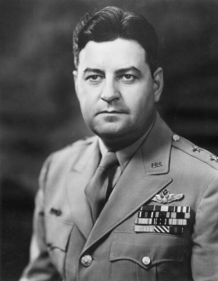 circa 1955: Studio portrait of United States Air Force Major General Curtis Emerson Le May wearing a military uniform, with medals over his left breast pocket. (Photo by Hulton Archive/Getty Images)