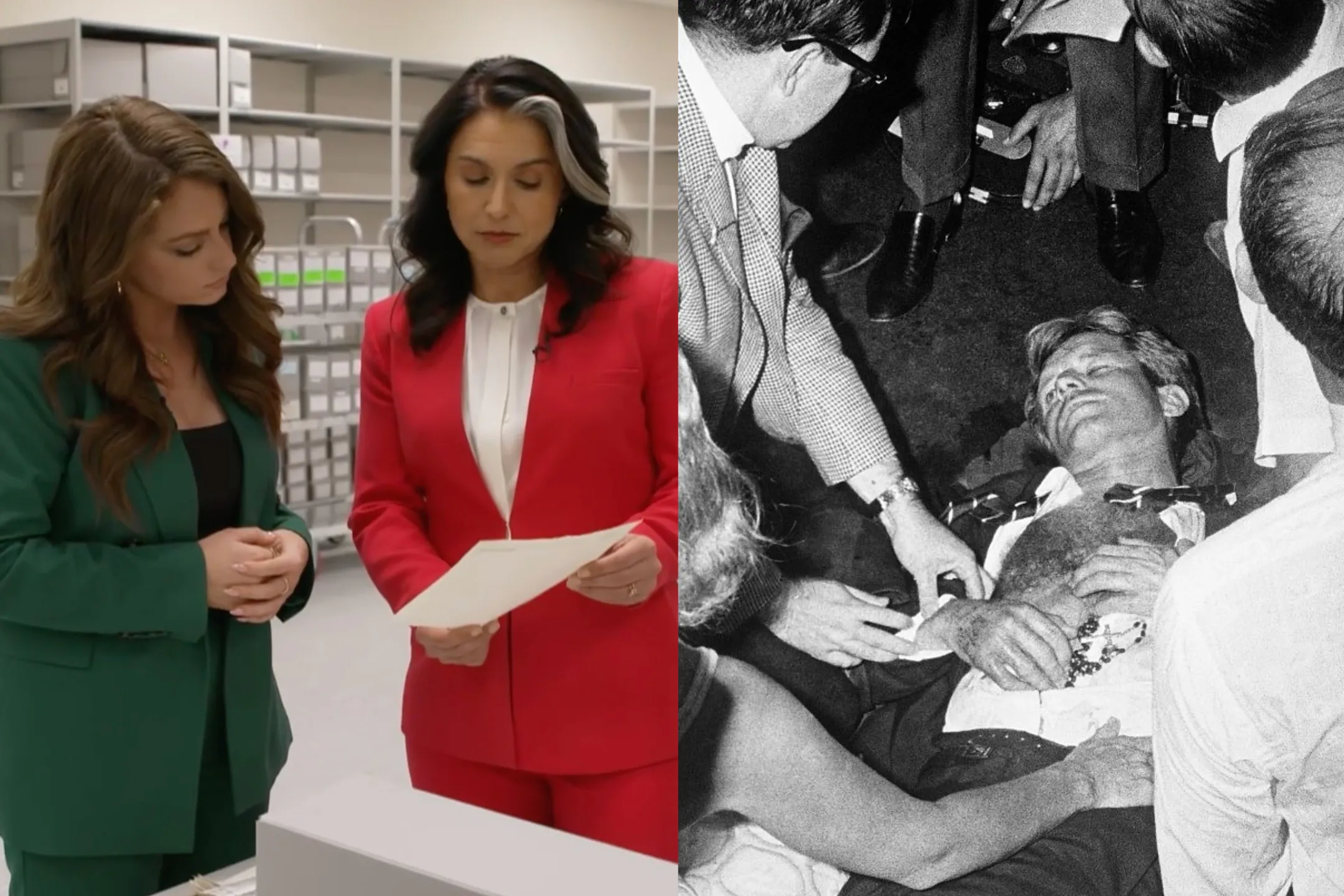 Izquierda: Mary Margaret Olohan y Tulsi Gabbard revisan documentos no clasificados sobre el asesinato de RFK / Derecha: Los apoyos se reúnen en torno al senador Robert Kennedy después de que le dispararan en un evento de campaña.