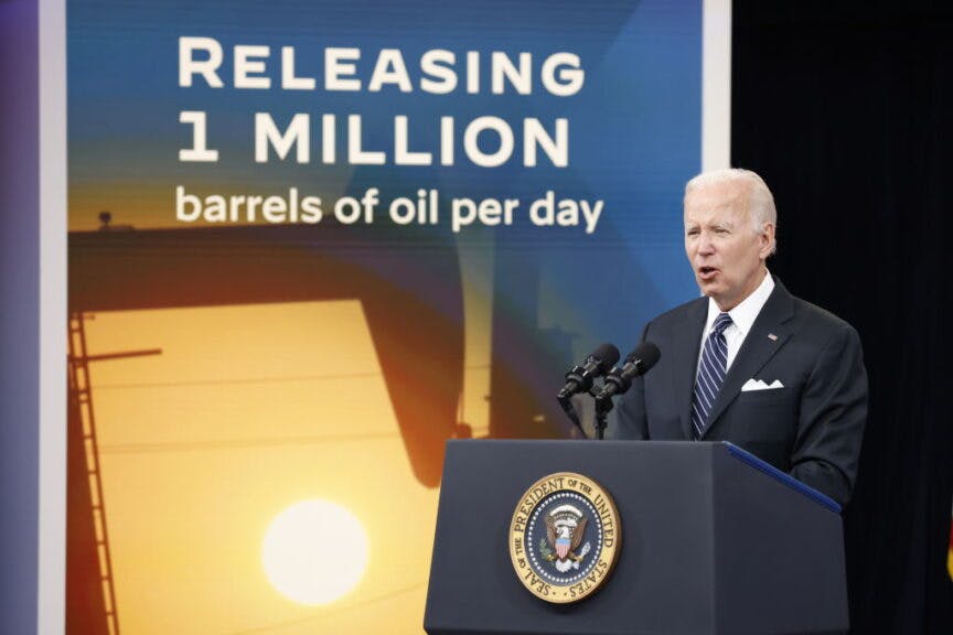 US President Joe Biden speaks in the Eisenhower Executive Office Building in Washington, D.C., US, on Wednesday, June 22, 2022. Biden is asking Congress to enact a three-month gasoline tax holiday, after his administration's previous efforts failed to curb soaring pump prices that weigh heavily on his party's political fortunes. Photographer: Samuel Corum/Bloomberg via Getty Images