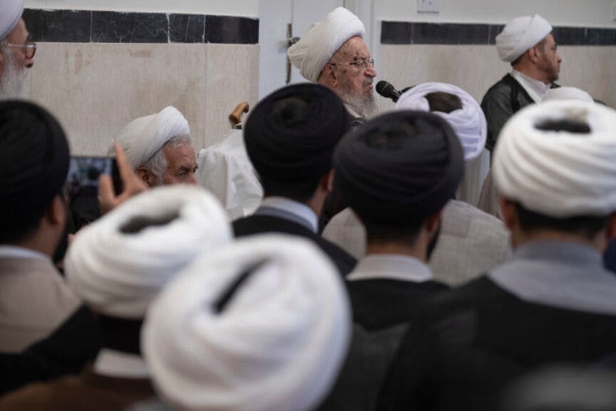 Grand Ayatollah Naser Makarem Shirazi is delivering a sermon during a turban-wearing ceremony at a seminary in the holy city of Qom, 145 km (90 miles) south of Tehran, on February 8, 2024. (Photo by Morteza Nikoubazl/NurPhoto via Getty Images)