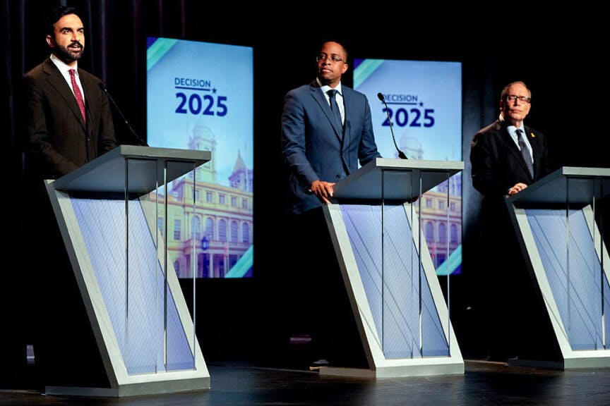 Zohran Mamdani, New York City mayoral candidate, from left, Zellnor Myrie, New York City mayoral candidate, and Scott Stringer, New York City mayoral candidate, during a mayoral Democratic primary debate in New York, US, on Thursday, June 12, 2025. The mayoral race has become one of the most crowded in recent memory, with at least nine Democrats with significant fundraising numbers running in this month's primary. Photographer: Vincent Alban/The New York Times/Bloomberg via Getty Images