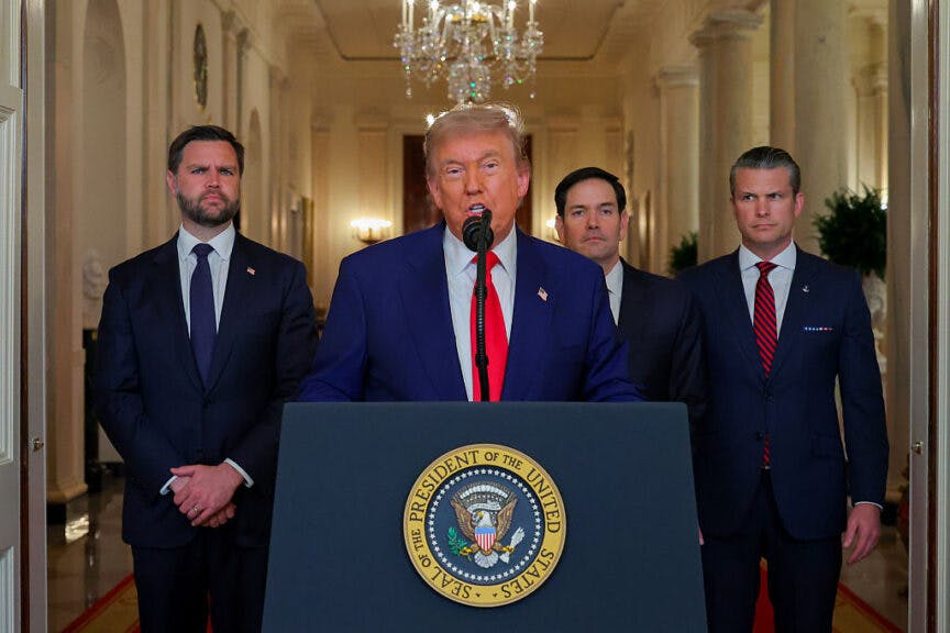 US Vice President JD Vance, from left, US President Donald Trump, Marco Rubio, US secretary of state, and Pete Hegseth, US secretary of defense, during an address to the nation in the East Room of the White House in Washington, DC, US, on Saturday, June 21, 2025. Trump said the US military struck three sites in Iran on Saturday, marking the first American involvement in direct attacks against Iranian nuclear assets in its conflict with Israel. Photographer: Carlos Barria/Reuters/Bloomberg via Getty Images