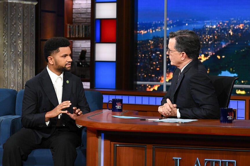 The Late Show with Stephen Colbert and guest Rep. Maxwell Frost during Thursday's June 19, 2025 show. (Photo by Scott Kowalchyk/CBS via Getty Images)