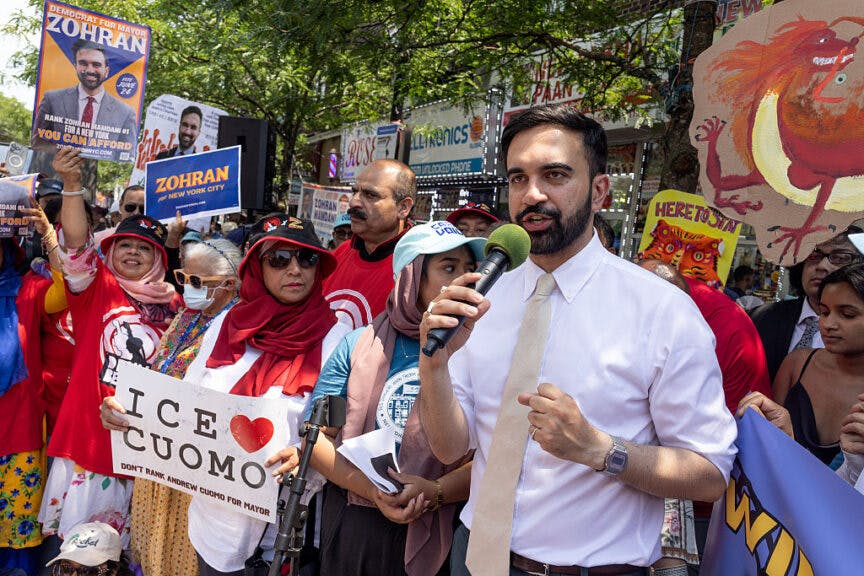 NEW YORK, NEW YORK - JUNE 21: New York City mayoral election, candidate Zohran Mamdani attends a campaign rally, calling for the full enforcement of the city's Sanctuary City laws, June 21, 2025, in Diversity Square in the Jackson Heights neighborhood of the borough of Queens, New York City. (Photo by Andrew Lichtenstein/Corbis via Getty Images)