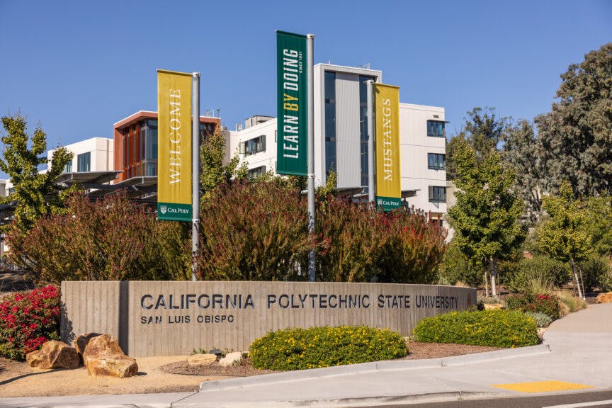 San Luis Obispo California, USA - 11-10-2023: California Polytechnic State University at San Luis Obispo known simply as "Cal Poly." It was brought into the California State University system in 1960 focusing exclusively on STEM education, applied sciences, engineering, sciences, and technology. California has two other technical schools one in Pomona and the other in Humboldt.